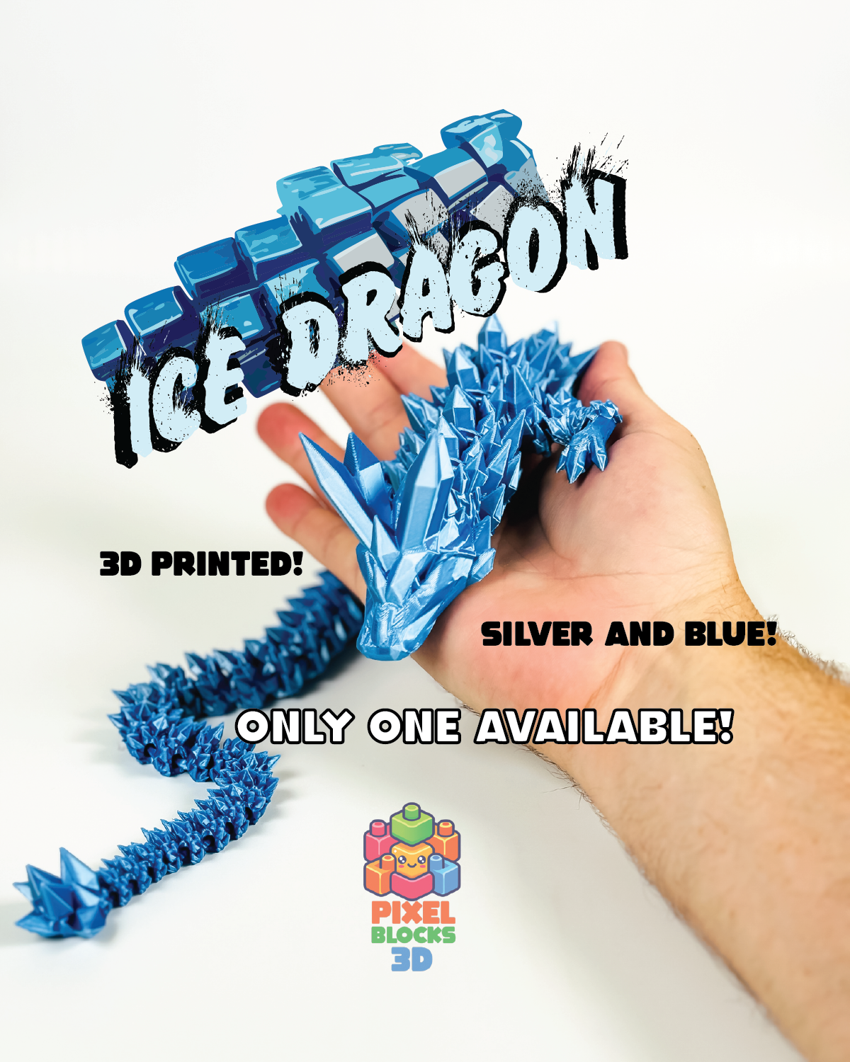 ❄️ Ice Dragon – Articulated 3D Printed Silver & Blue Iridescent Dragon 🐉