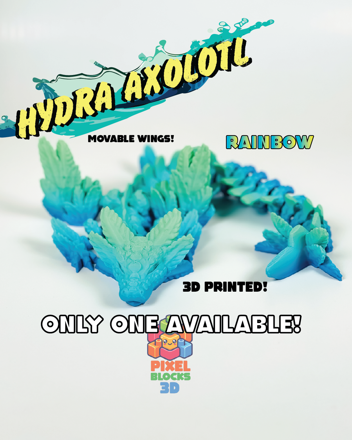 π Hydra Axolotl Dragon β 3D Printed Articulated Blue-Green Rainbow Winged Dragon π