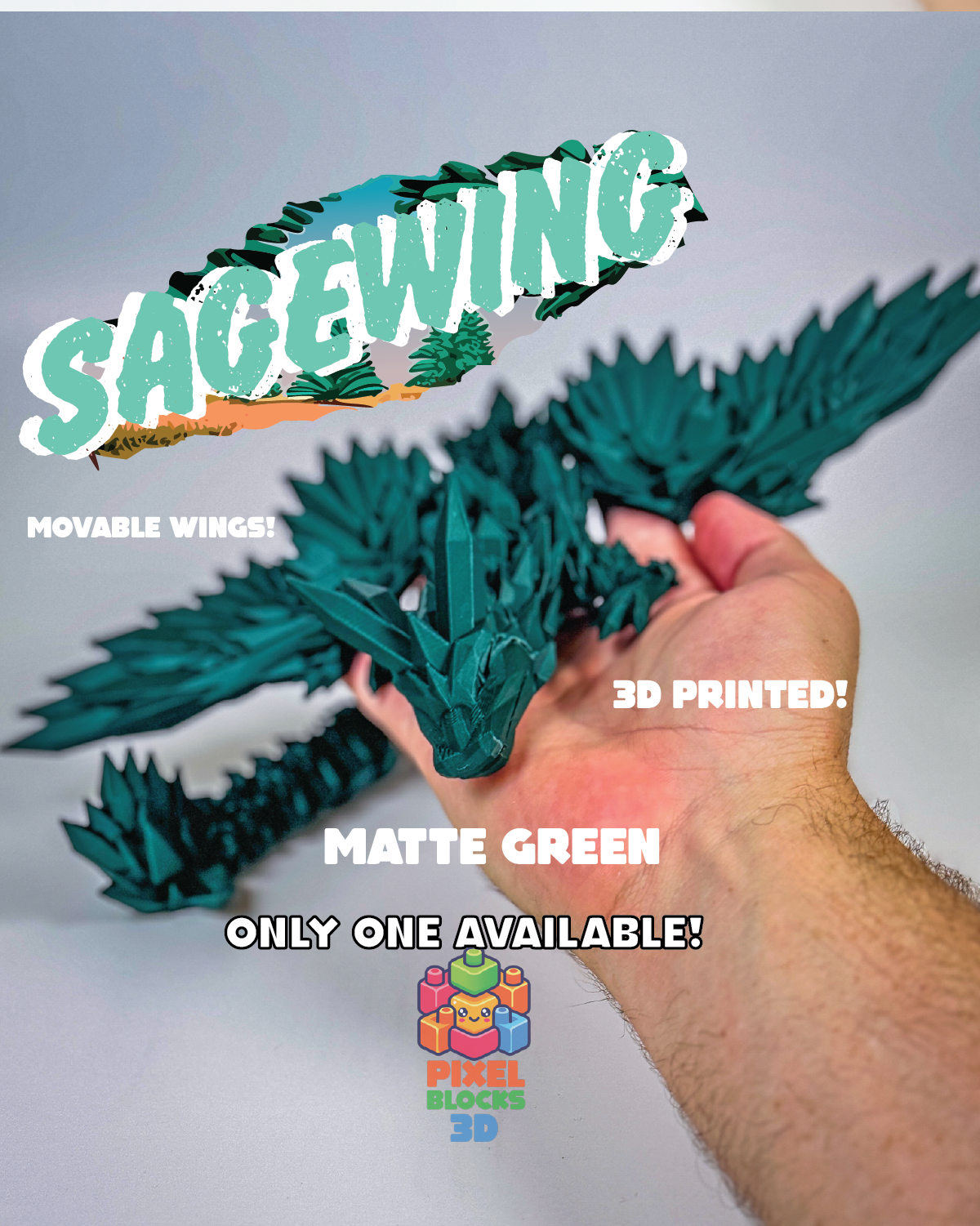 🌿 Sagewing Dragon – 3D Printed Articulated Matte Forest Green Crystal Winged Dragon 🐉