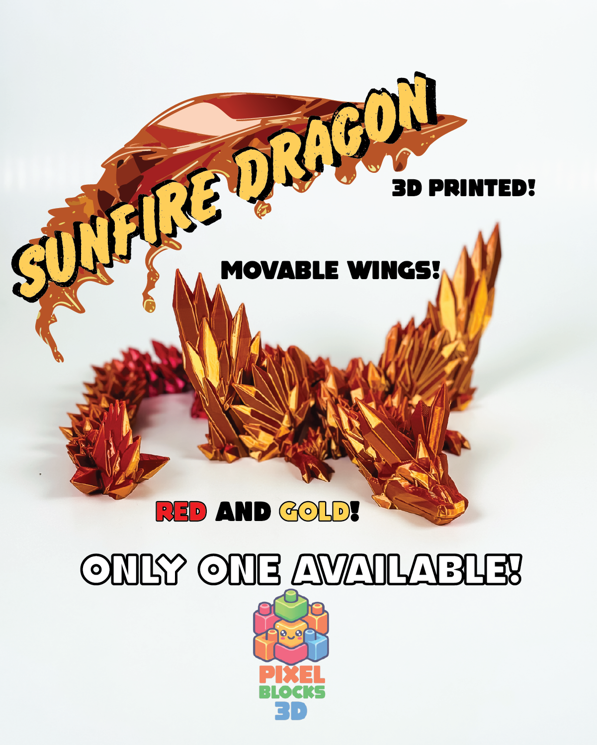 🔥 Sunfire Dragon – 3D Printed Articulated Red & Gold Iridescent Crystal Dragon 🐉
